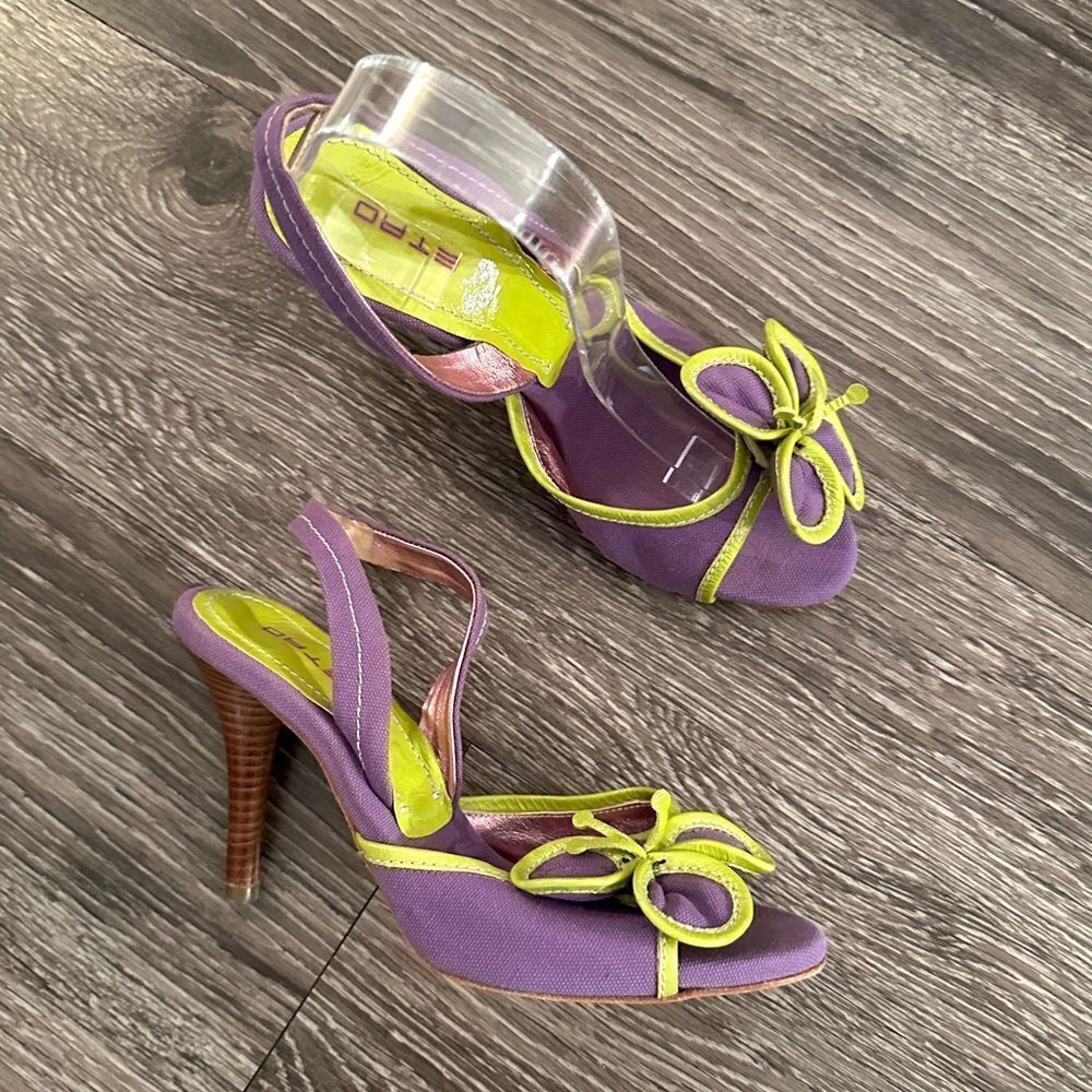 ETRO Vernice Vogue lime purple flower open toe sling back sandals